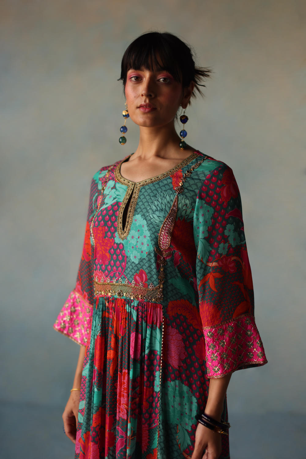 GUL TEAL YOKE CHECK SLEEVE KURTA SET