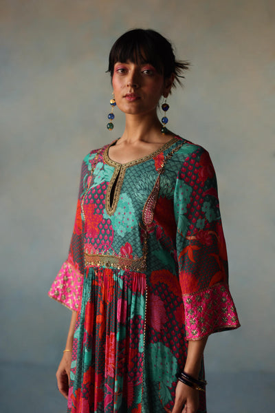 GUL TEAL YOKE CHECK SLEEVE KURTA SET