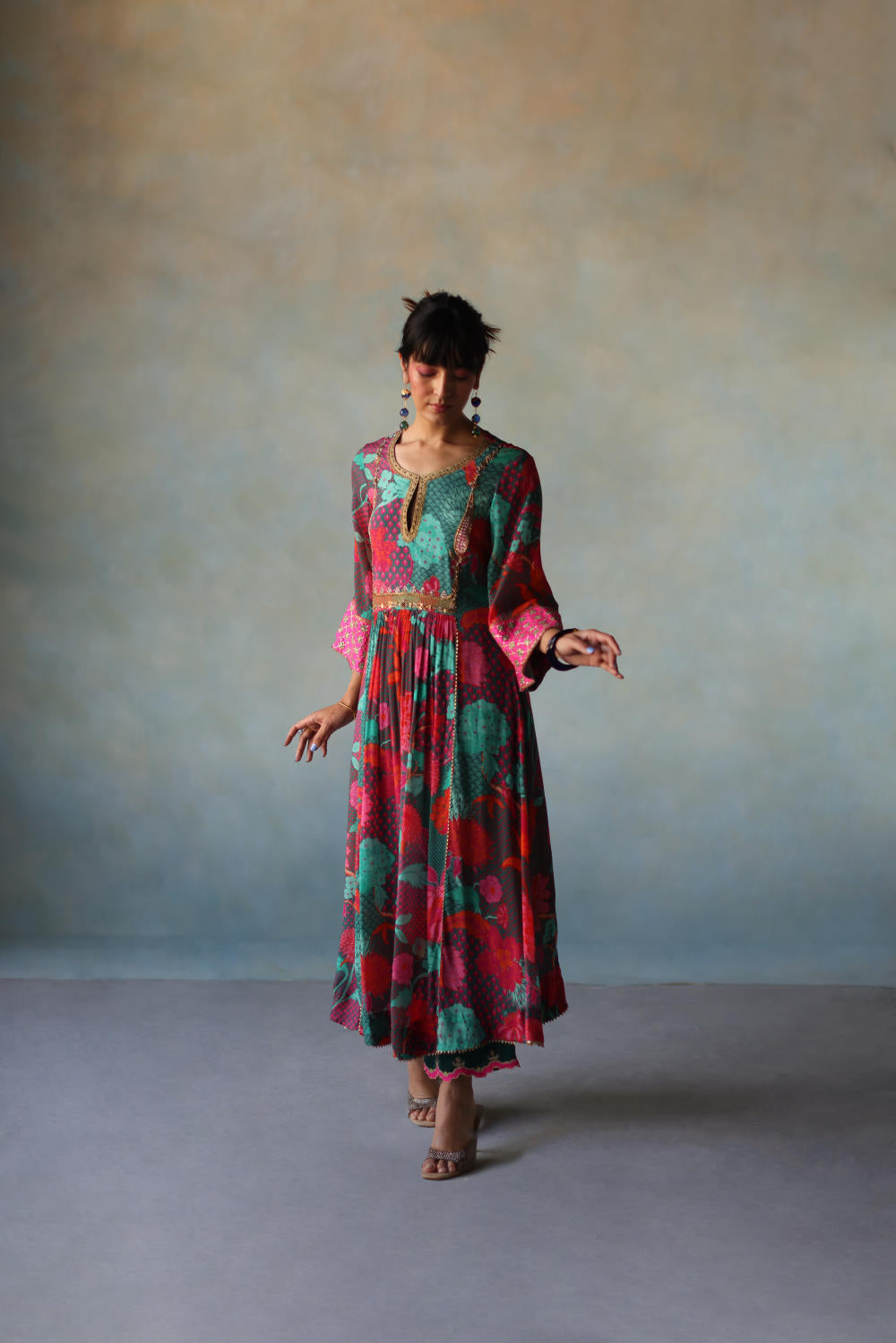 GUL TEAL YOKE CHECK SLEEVE KURTA SET