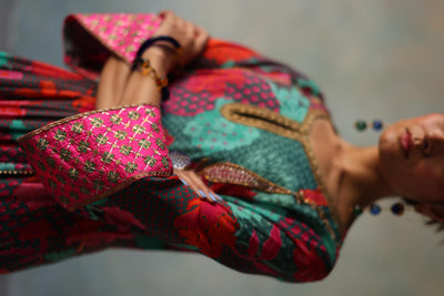 GUL TEAL YOKE CHECK SLEEVE KURTA SET