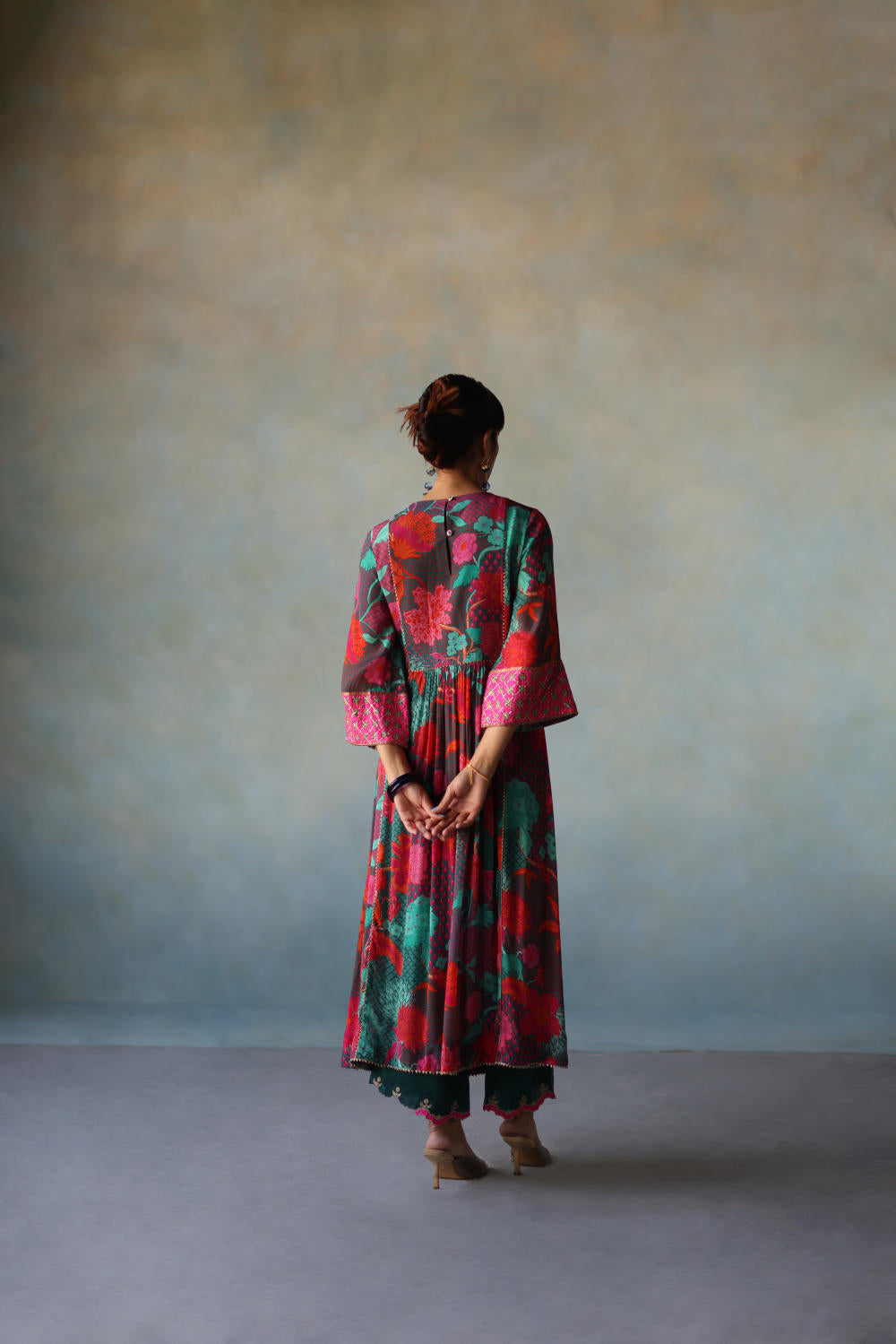 GUL TEAL YOKE CHECK SLEEVE KURTA SET