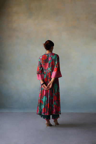 GUL TEAL YOKE CHECK SLEEVE KURTA SET