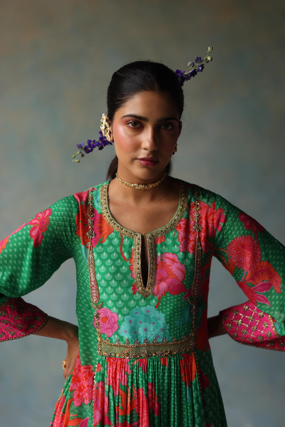 GUL GREEN YOKE CHECK SLEEVE KURTA SET