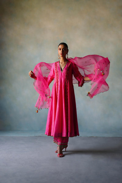 GUL HOT PINK SIDE KALI SILK KURTA SET