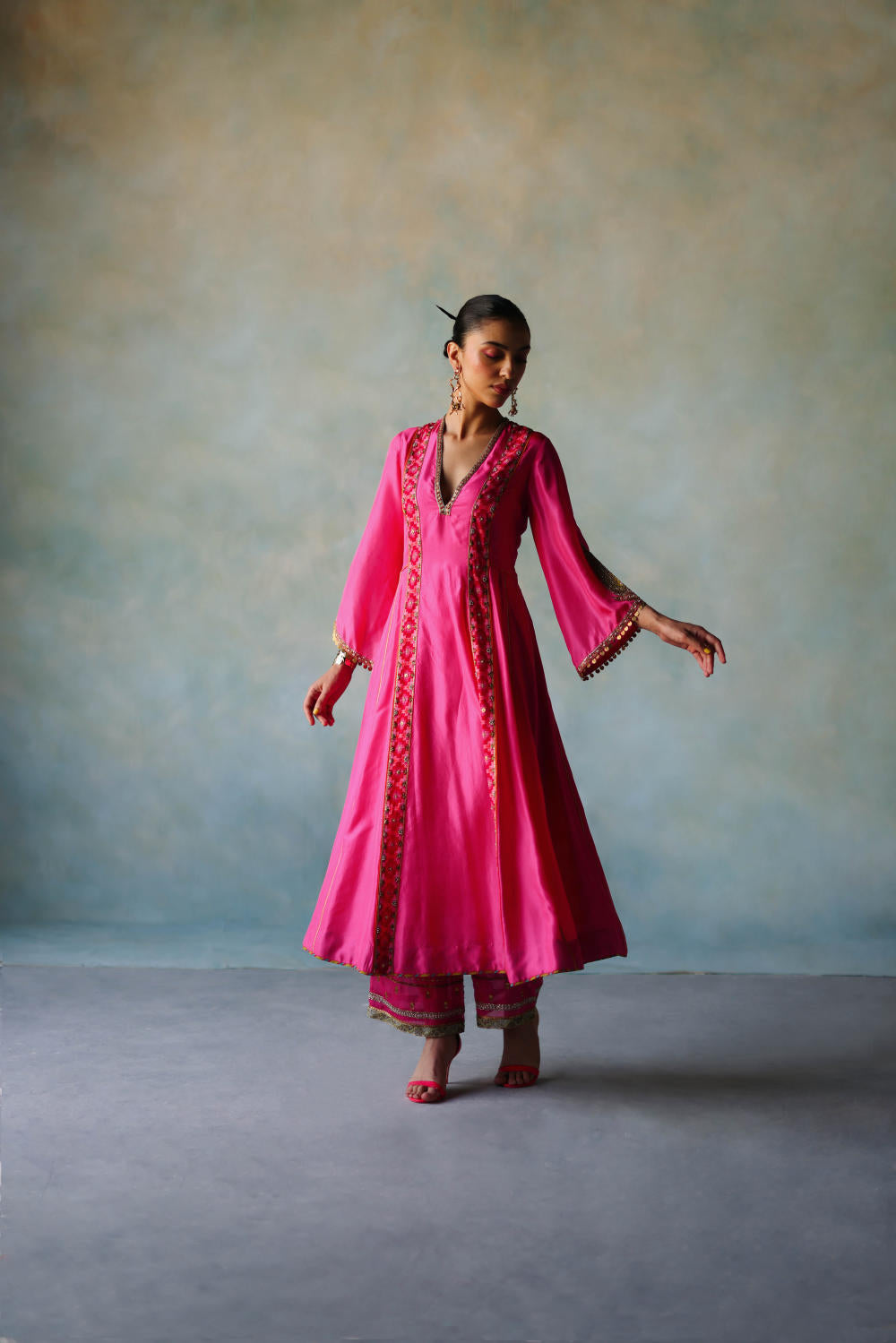GUL HOT PINK SIDE KALI SILK KURTA SET