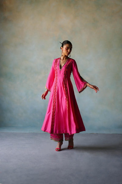 GUL HOT PINK SIDE KALI SILK KURTA SET