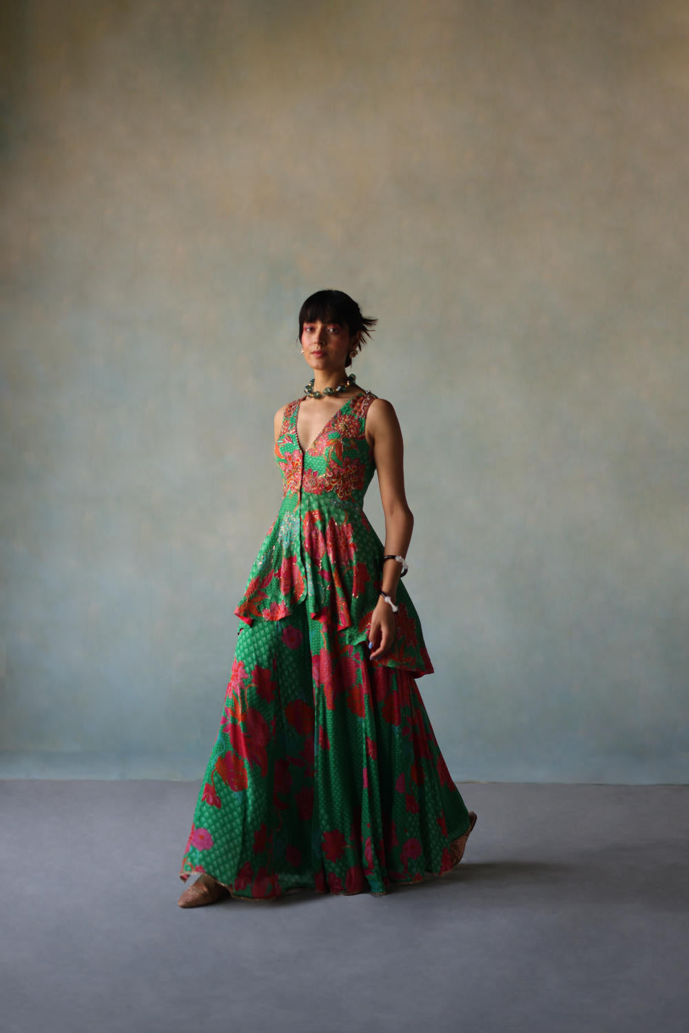 GUL GREEN CREPE PEPLUM SHARARA SET