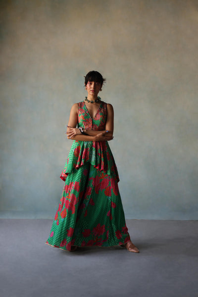 GUL GREEN CREPE PEPLUM SHARARA SET