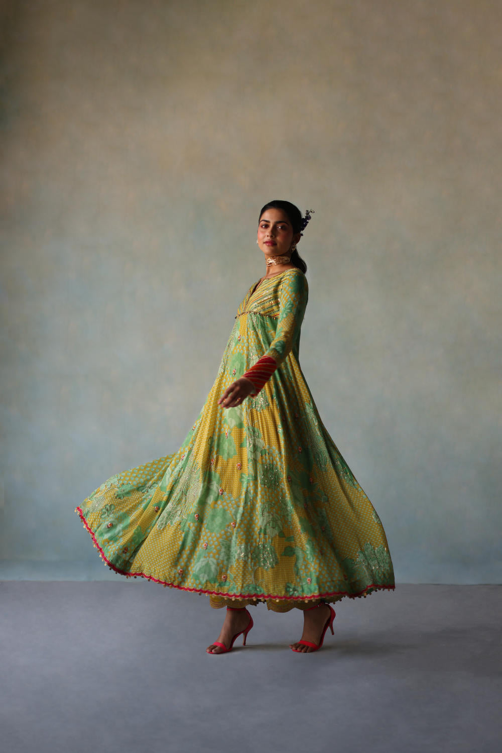 GUL LIME -SAGE GREEN PRINTED CREPE SHORT YOKE ANARKALI SET