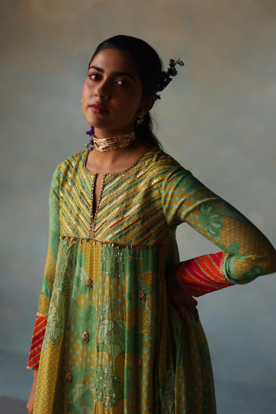 GUL LIME -SAGE GREEN PRINTED CREPE SHORT YOKE ANARKALI SET
