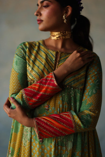 GUL LIME -SAGE GREEN PRINTED CREPE SHORT YOKE ANARKALI SET