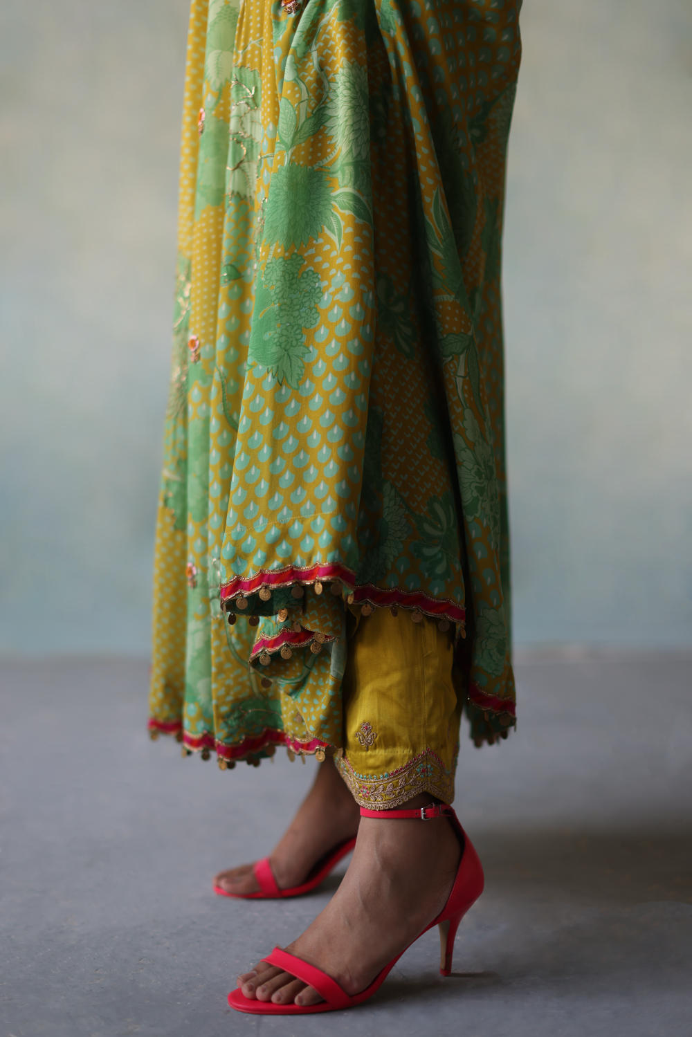 GUL LIME -SAGE GREEN PRINTED CREPE SHORT YOKE ANARKALI SET