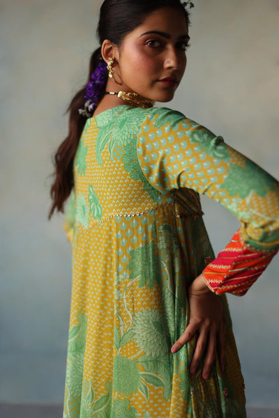 GUL LIME -SAGE GREEN PRINTED CREPE SHORT YOKE ANARKALI SET