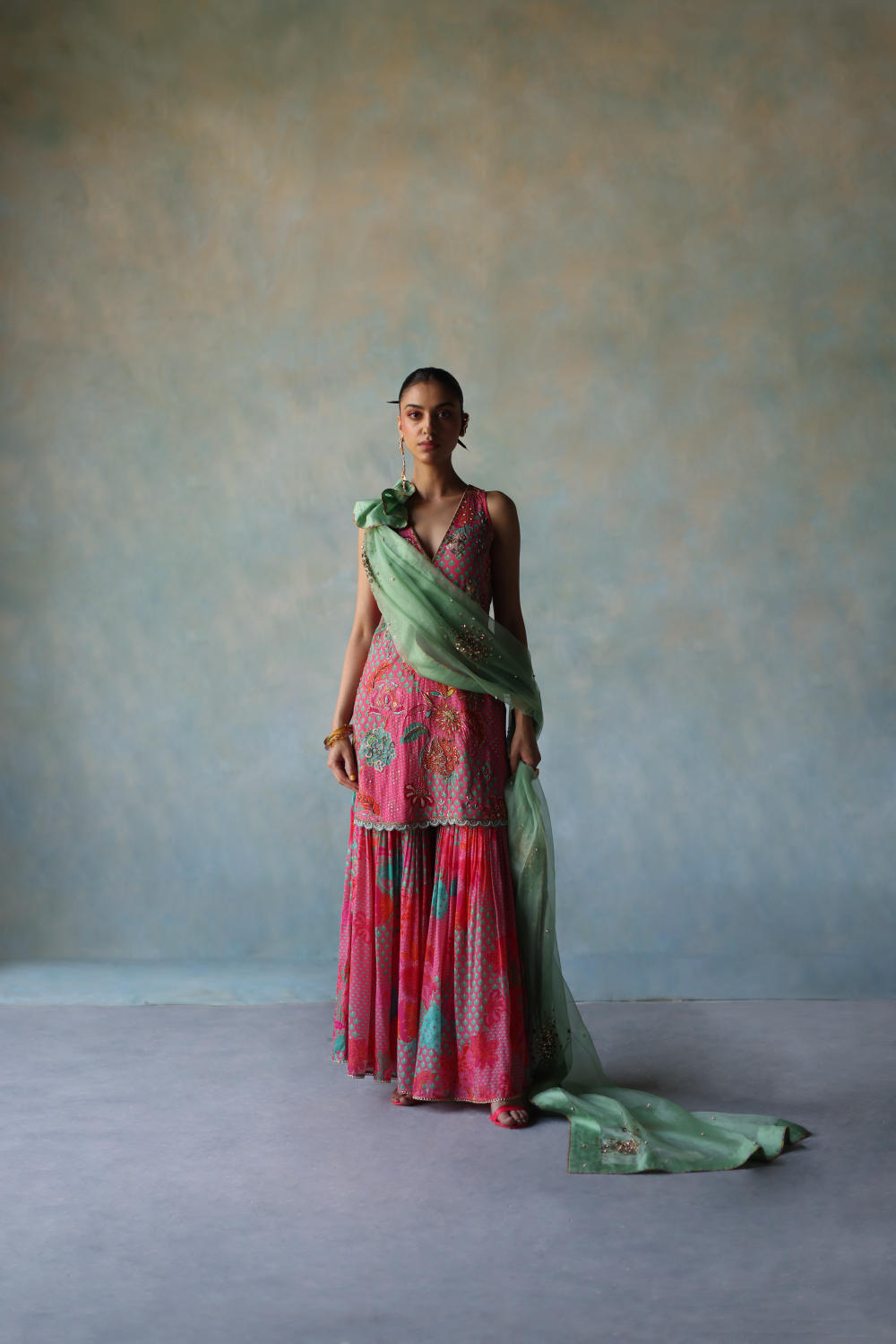 GUL BRIGHT PINK FLORAL CREPE GHARARA SET