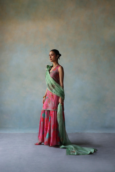 GUL BRIGHT PINK FLORAL CREPE GHARARA SET