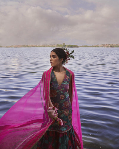 GUL TEAL FLORAL CREPE GHARARA SET
