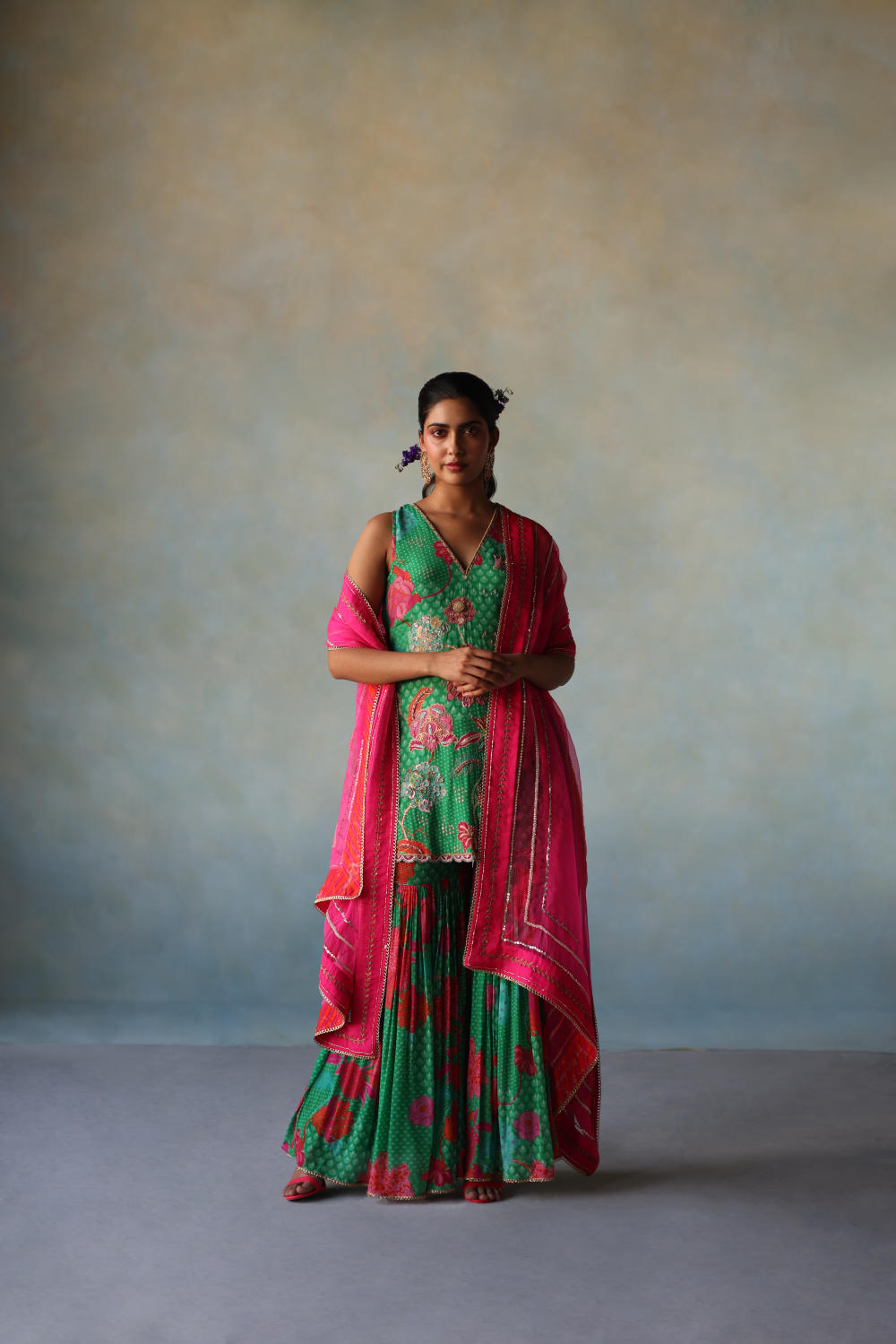 GUL GREEN FLORAL CREPE GHARARA SET