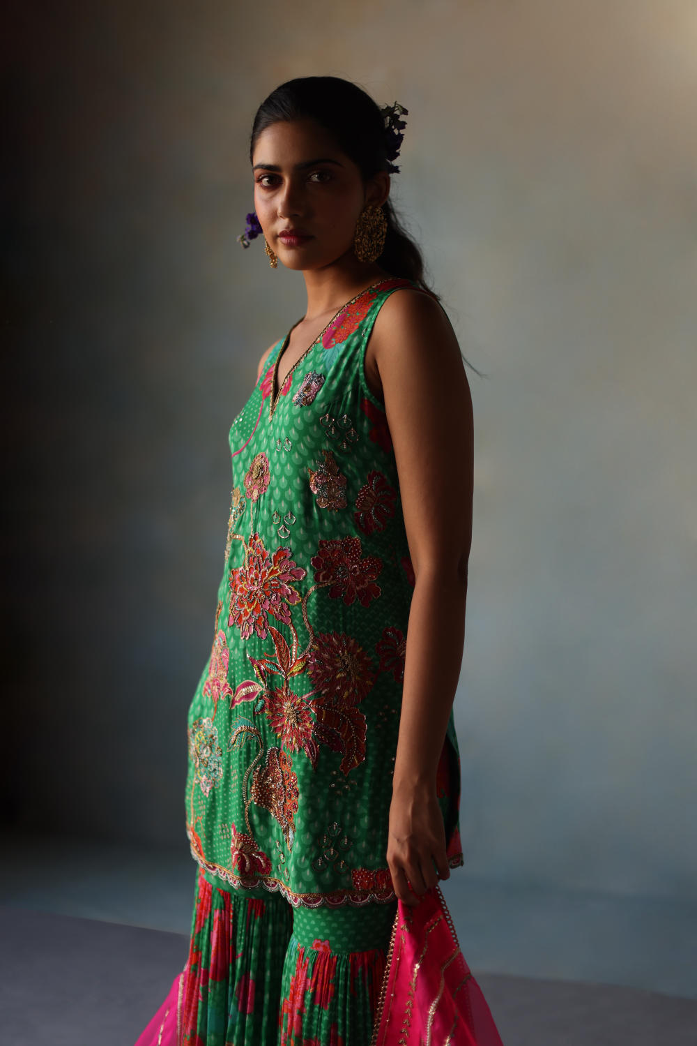 GUL GREEN FLORAL CREPE GHARARA SET