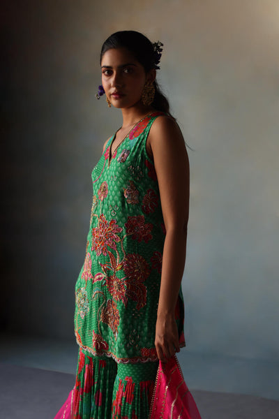GUL GREEN FLORAL CREPE GHARARA SET