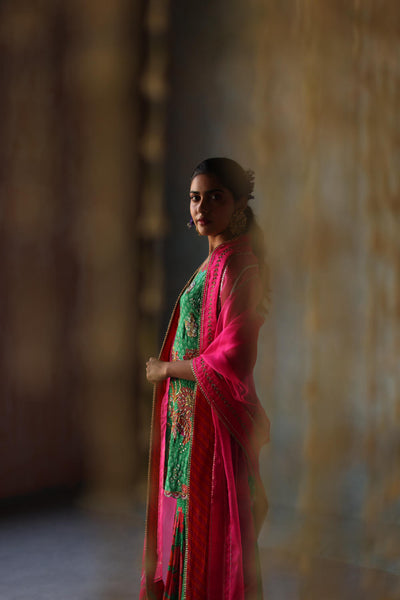 GUL GREEN FLORAL CREPE GHARARA SET