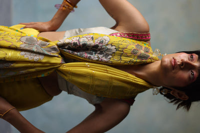 GUL YELLOW PRINTED STRIPE CREPE SARI
