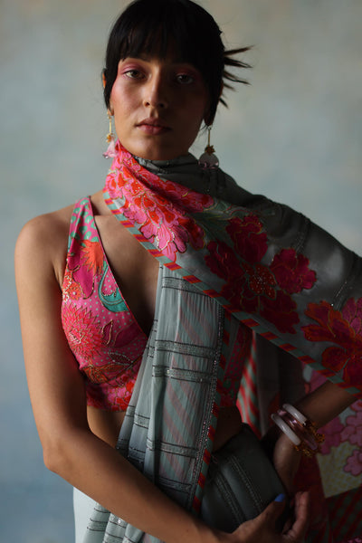 GUL ICE BLUE PRINTED STRIPE CREPE SARI