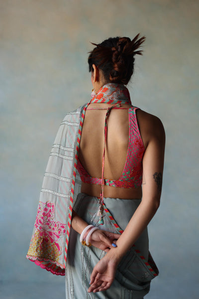 GUL ICE BLUE PRINTED STRIPE CREPE SARI