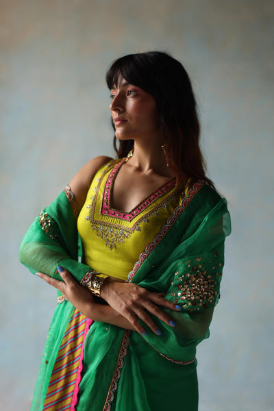 GUL GREEN SEQUIN FLOWER SARI