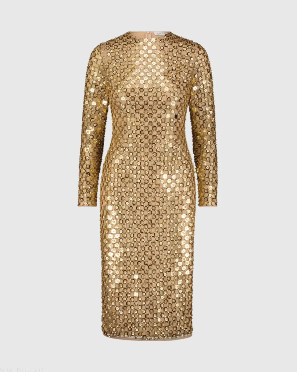 Gold Beaded Georgette Long Sleeve Fitted Midi Dress