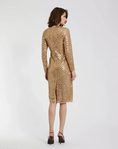 Gold Beaded Georgette Long Sleeve Fitted Midi Dress