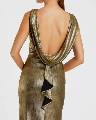 Gold Metallic Jersey Cowl Back Column Gown