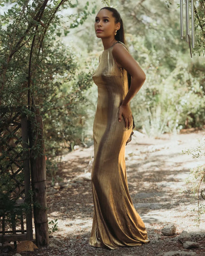 Gold Metallic Jersey Cowl Back Column Gown