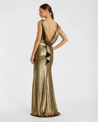 Gold Metallic Jersey Cowl Back Column Gown