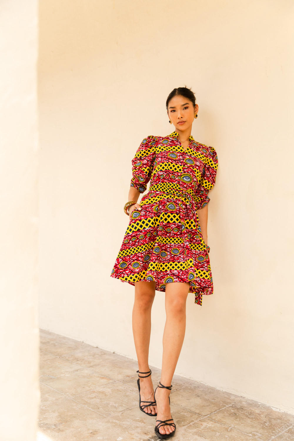 Gozie Cheongsam Dress - Red and Yellow African Ankara Wax Cotton Print