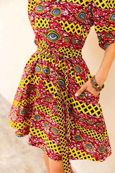 Gozie Cheongsam Dress - Red and Yellow African Ankara Wax Cotton Print