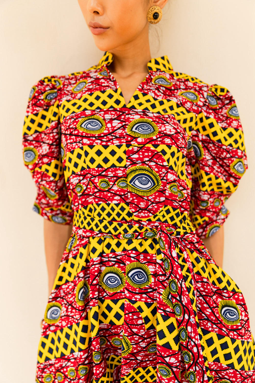 Gozie Cheongsam Dress - Red and Yellow African Ankara Wax Cotton Print