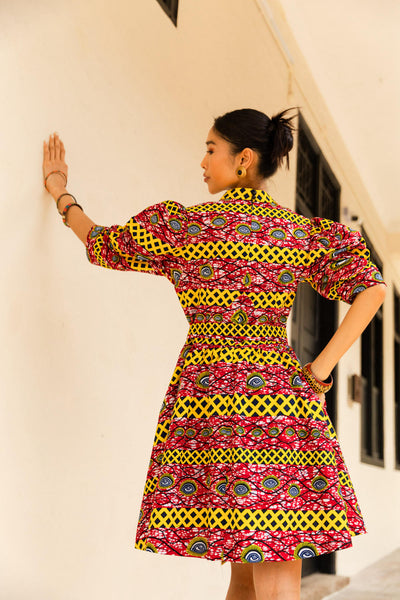 Gozie Cheongsam Dress - Red and Yellow African Ankara Wax Cotton Print