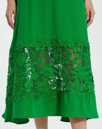 Green Crepe Boat Neck Midi Dress With Applique Cut Out