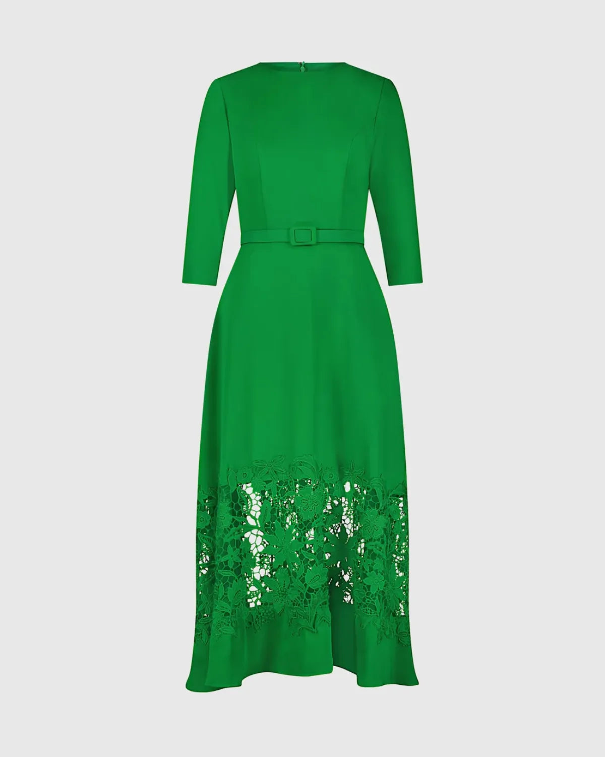 Green Crepe Boat Neck Midi Dress With Applique Cut Out