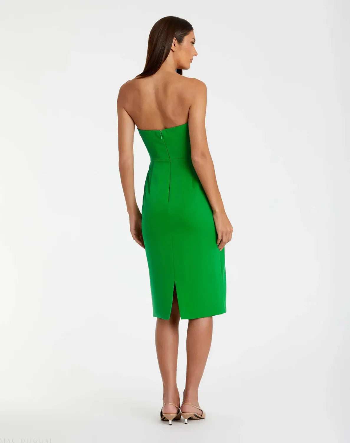 Green Crepe Strapless Twist Top Fitted Midi Dress