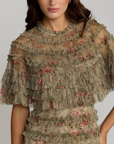 Green Floral Ruffle Midi Dress With Cape