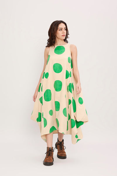 Green Hand Block Printed Polka Vari Dress