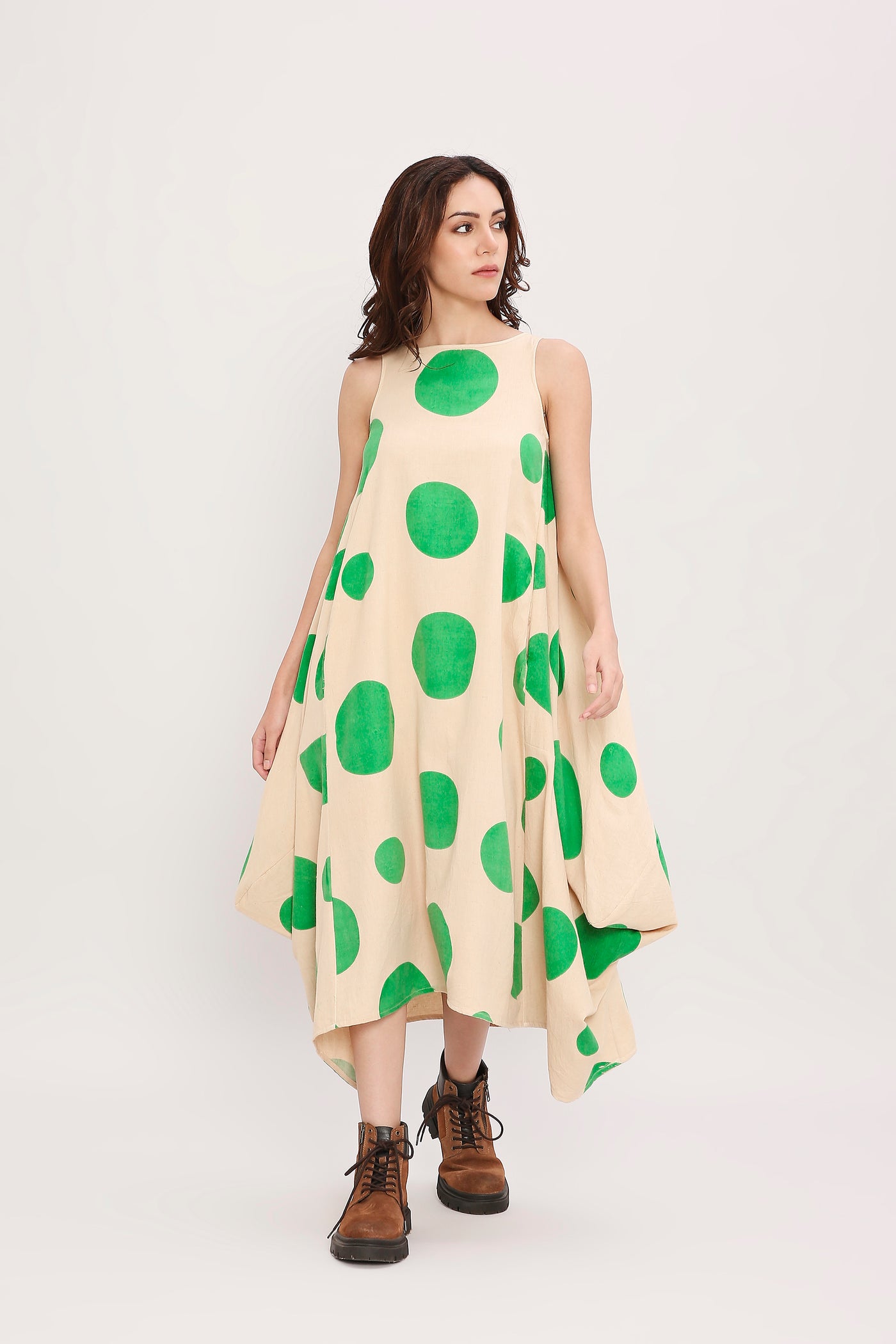 Green Hand Block Printed Polka Vari Dress
