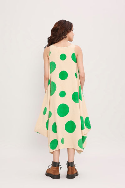 Green Hand Block Printed Polka Vari Dress