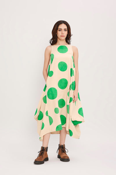 Green Hand Block Printed Polka Vari Dress