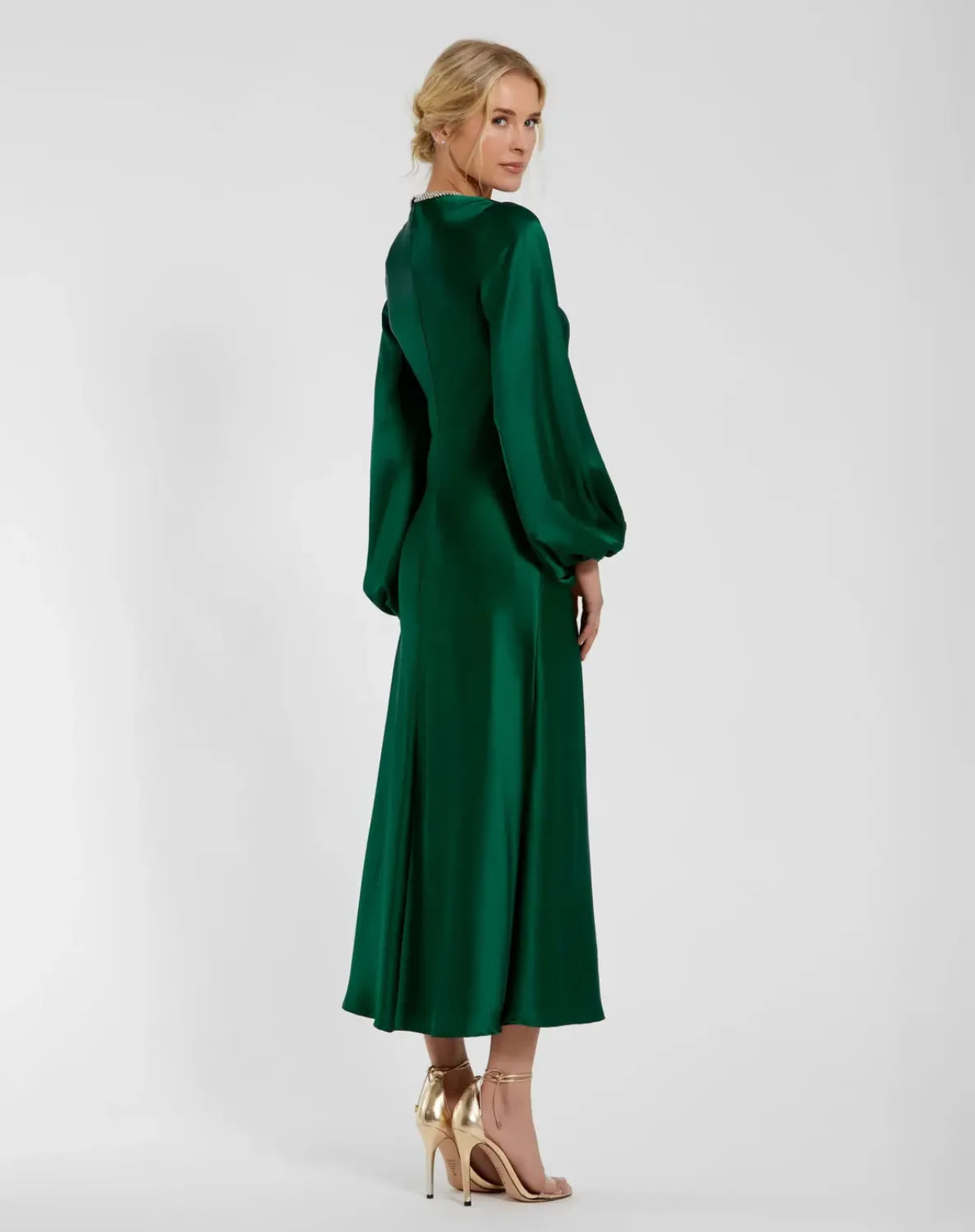 Green High Neck Long Sleeve Crystal Detail Dress