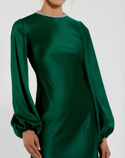 Green High Neck Long Sleeve Crystal Detail Dress