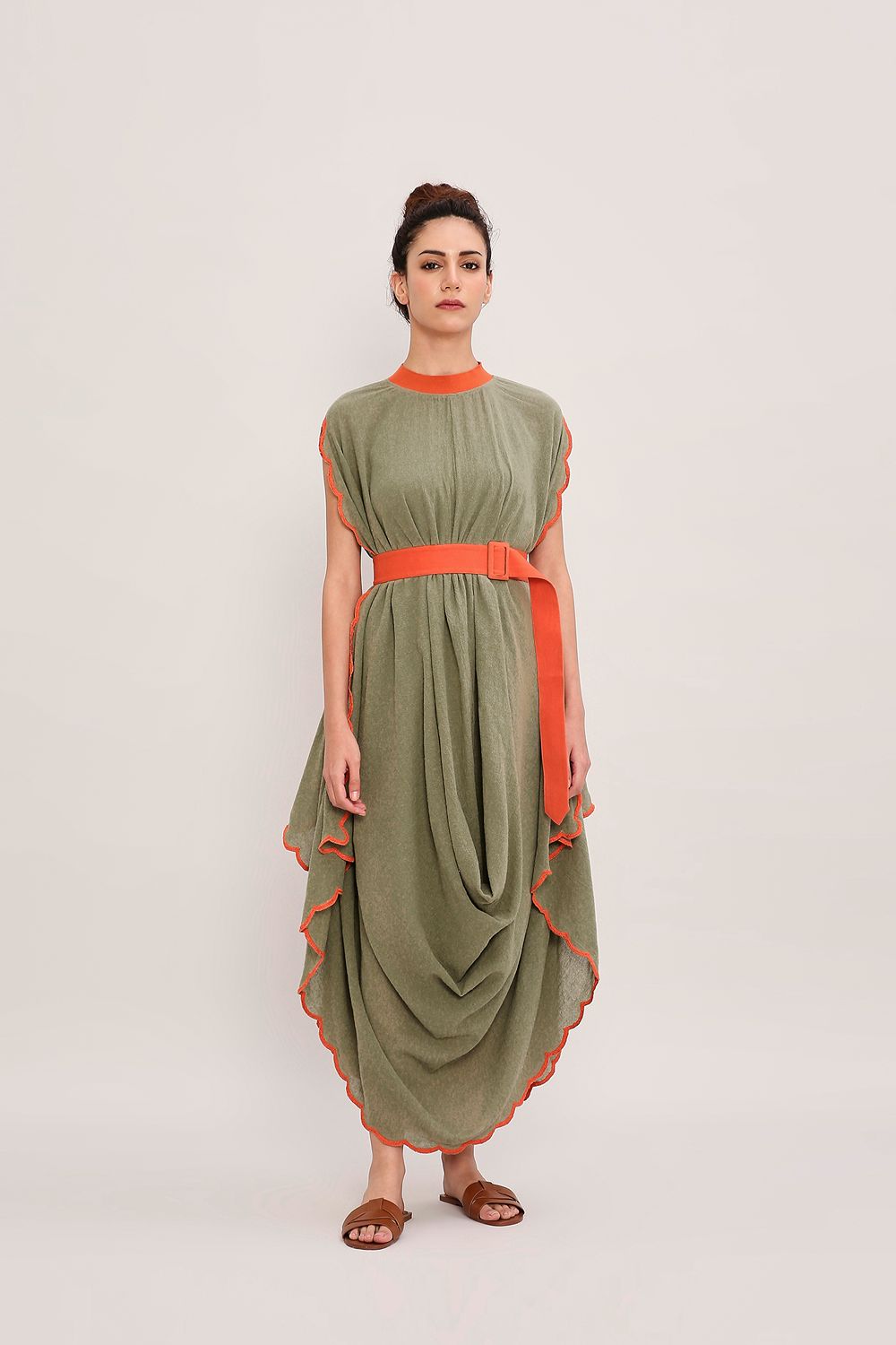 Green Ribbed Scallop Cowl Dress