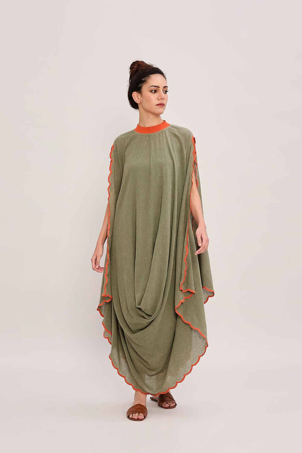 Green Ribbed Scallop Cowl Dress