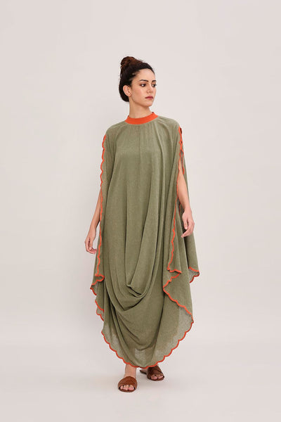 Green Ribbed Scallop Cowl Dress